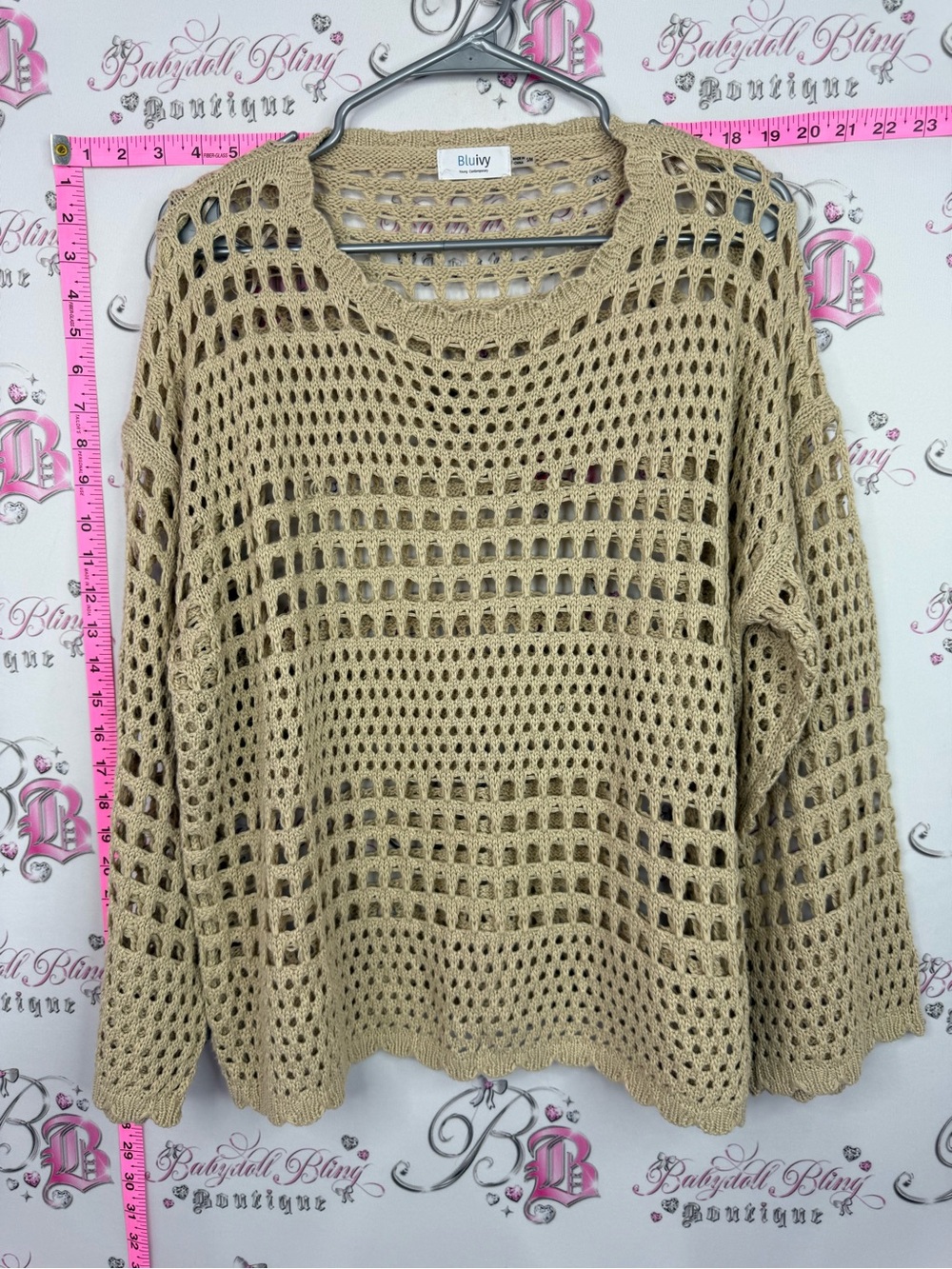 Bluivy sweater Open-Weave Tan Crochet Sweater - Lightweight Layering Pullover